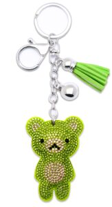 aupra green teddy bear crystal keychain gift women bling rhinestones keyring home car bag clip key holder lady girl tassel present