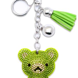 AuPra Green Teddy Bear Crystal KeyChain Gift Women Bling Rhinestones KeyRing Home Car Bag Clip Key Holder Lady Girl Tassel Present