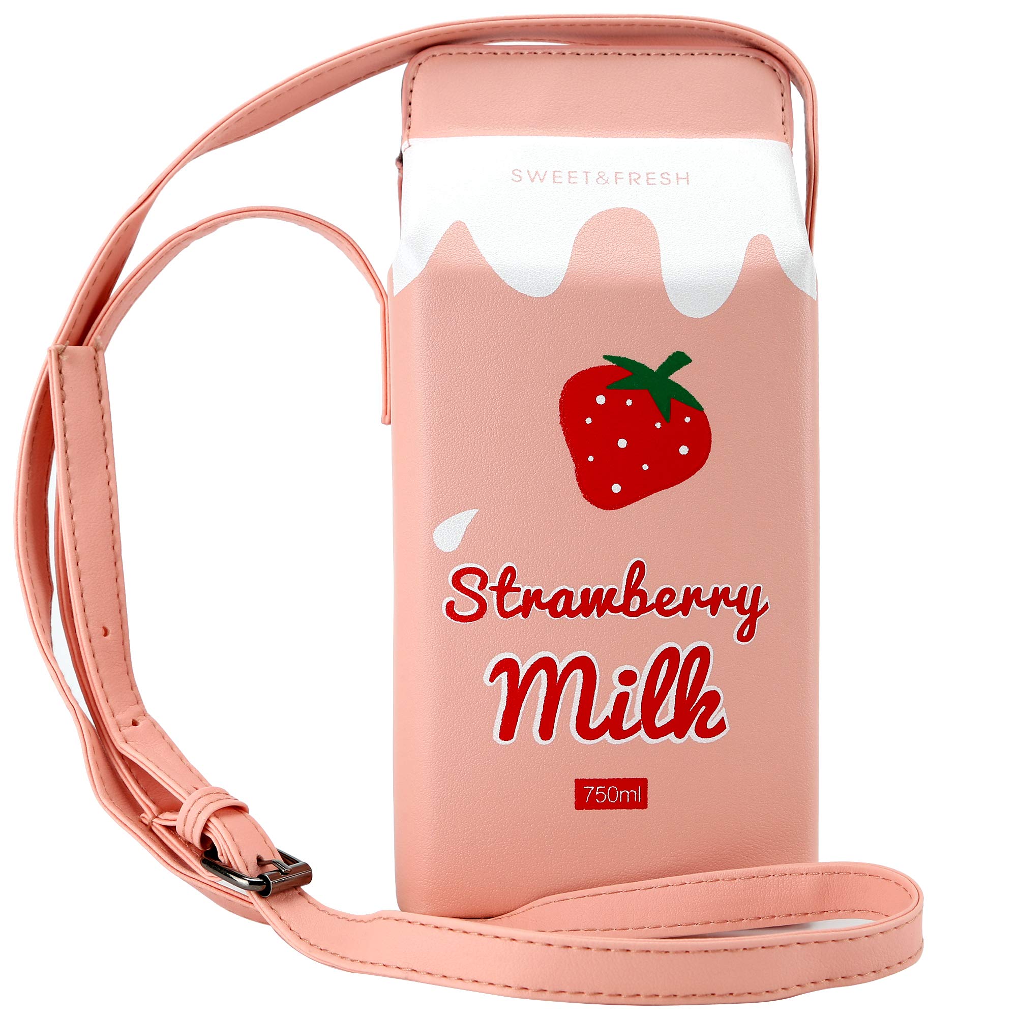 Ondeam Cute Strawberry Milk Box CrossBody Purse Bag,PU Phone Shoulder Wallet for Women Girl