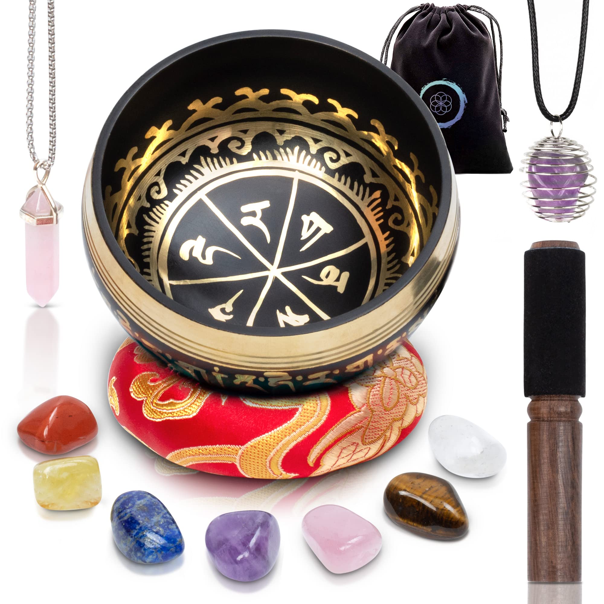 Tibetan Singing Bowl Set -Rose Quartz Pendant - 7 Chakra Crystal stones with Cage Necklace- For Meditation, Mindfulness, Yoga and Spiritual Healing and Energy Cleansing (3.5", Red)