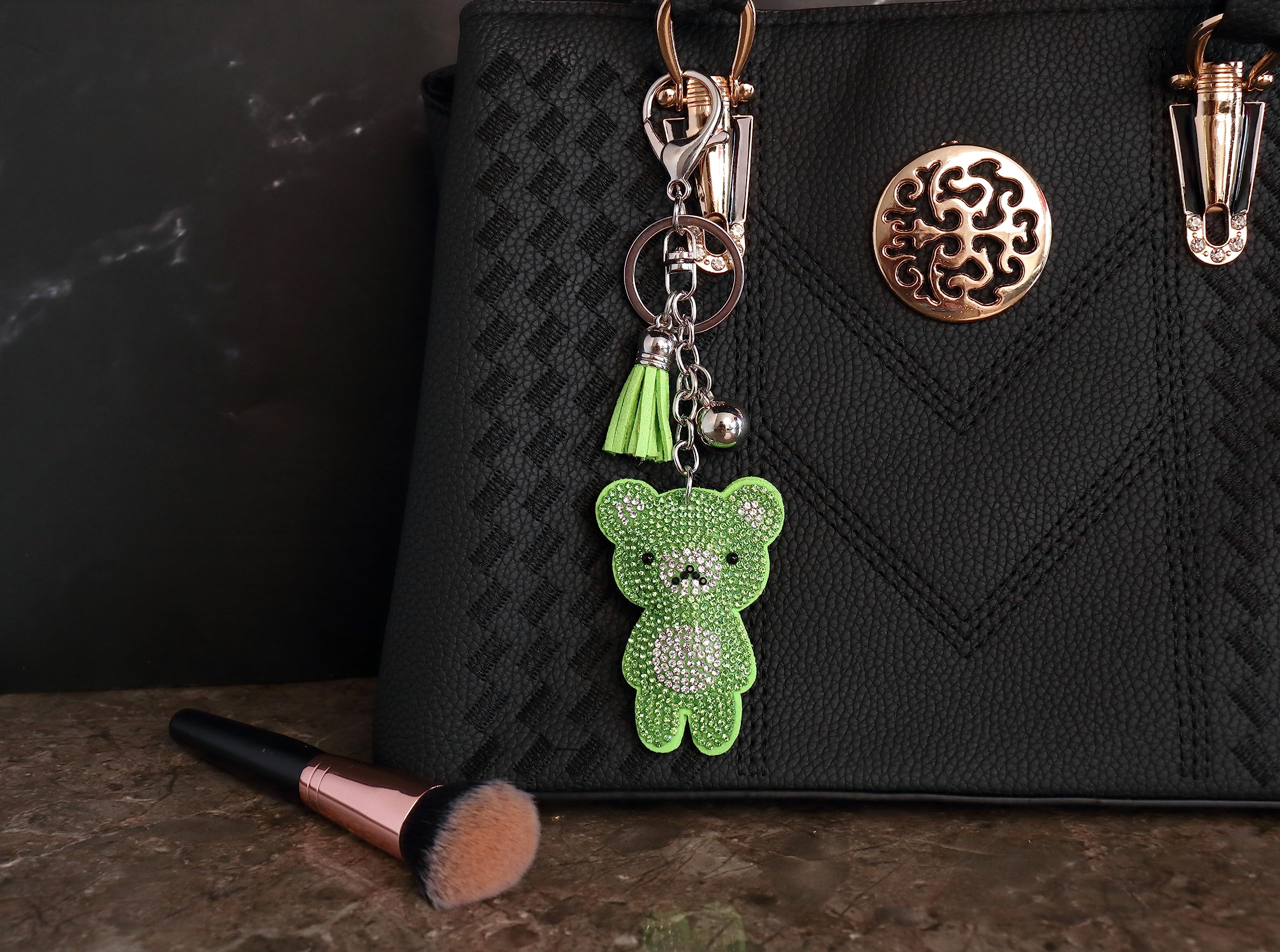 AuPra Green Teddy Bear Crystal KeyChain Gift Women Bling Rhinestones KeyRing Home Car Bag Clip Key Holder Lady Girl Tassel Present