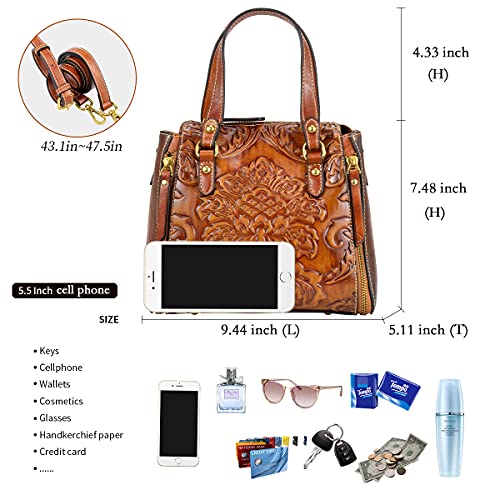 Crossbody Bag for Women Leather Top Handle Tote Purses Vintage Satchels Handbag (Flower Pattern- Brown)