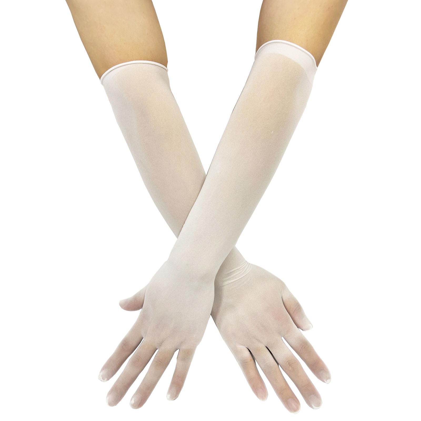 KKmeter Women's Seamless Nylon Mesh Ultra-thin Sheer Opera Length Glove Mittens (White)