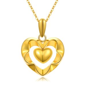 18kt Real Gold Heart Necklaces for Women, Forever Love You Gold Luster Love Hearts Pendant Anniversary Jewelry Gifts for Her, Mom, Wife, 18 Inch