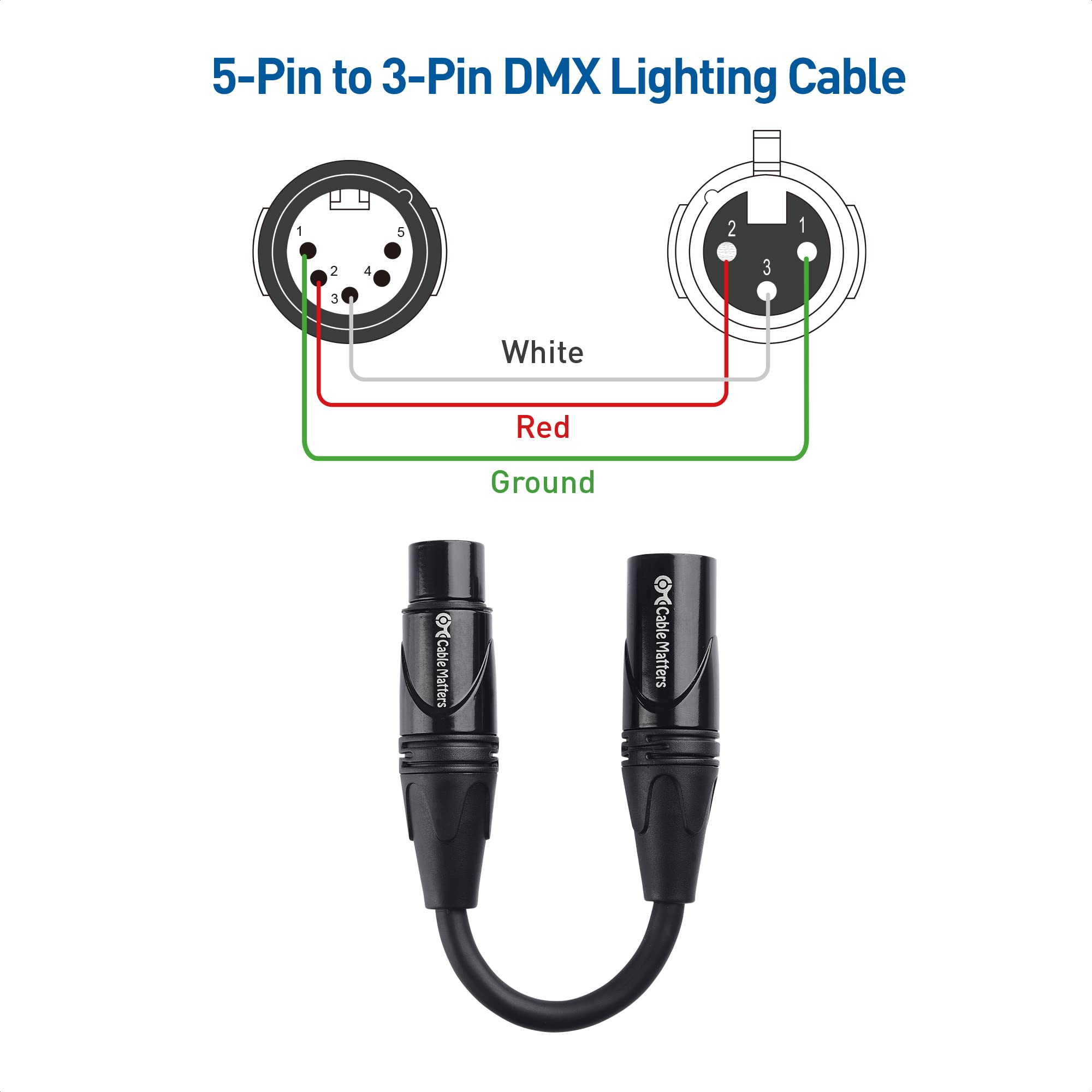 Cable Matters 2-Pack 5 Pin to 3 Pin DMX Lighting Cable 6 Inches (5-Pin Male to 3-Pin Female XLR Cable, 3 Pin to 5 Pin DMX Adapter Cable) in Black