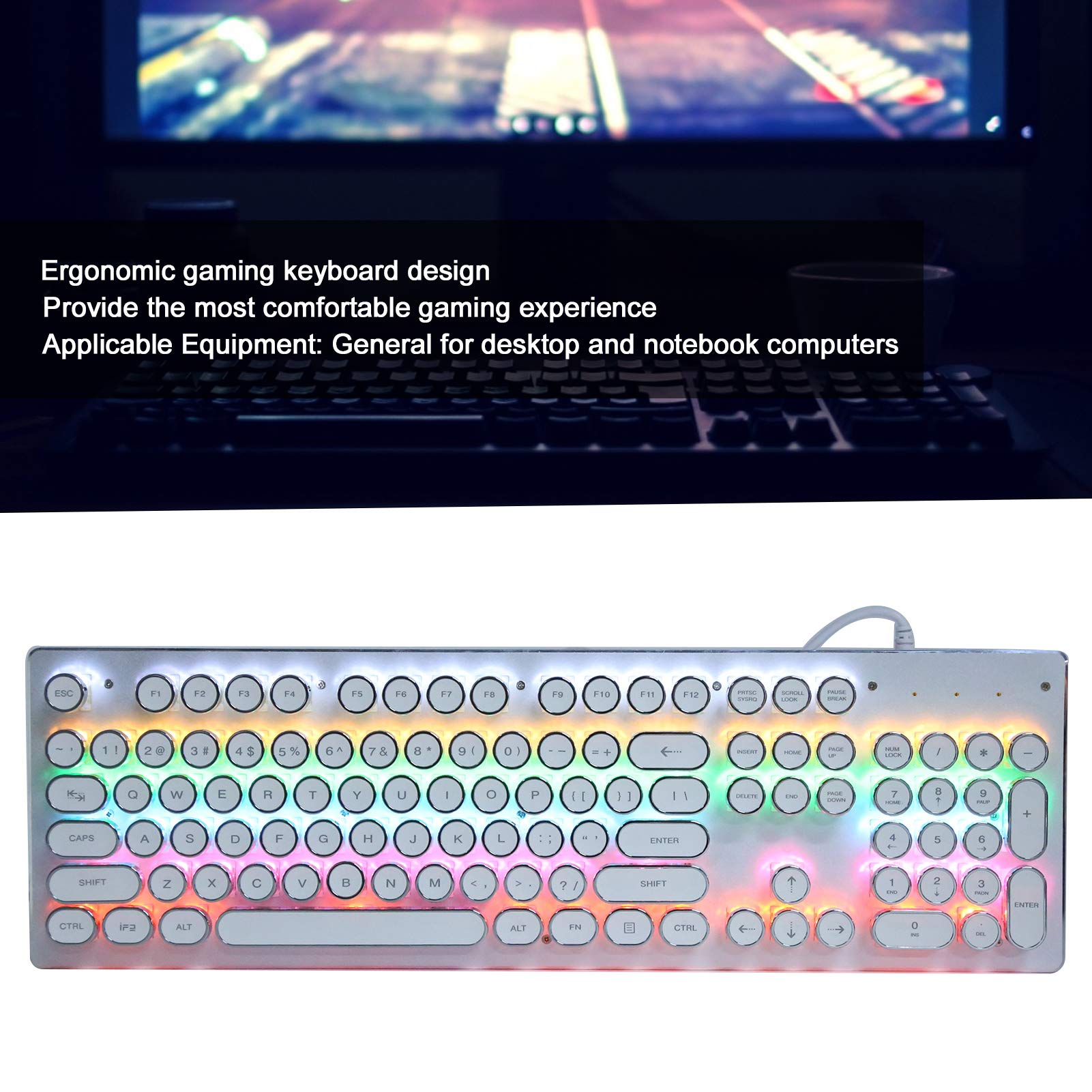 Computer Gaming Keyboard Retro Wired Gaming Mechanical Keyboard Key Portable Keyboard Click with 104 Keys Mixed Light Ergonomic Design Gaming Keyboard(White)