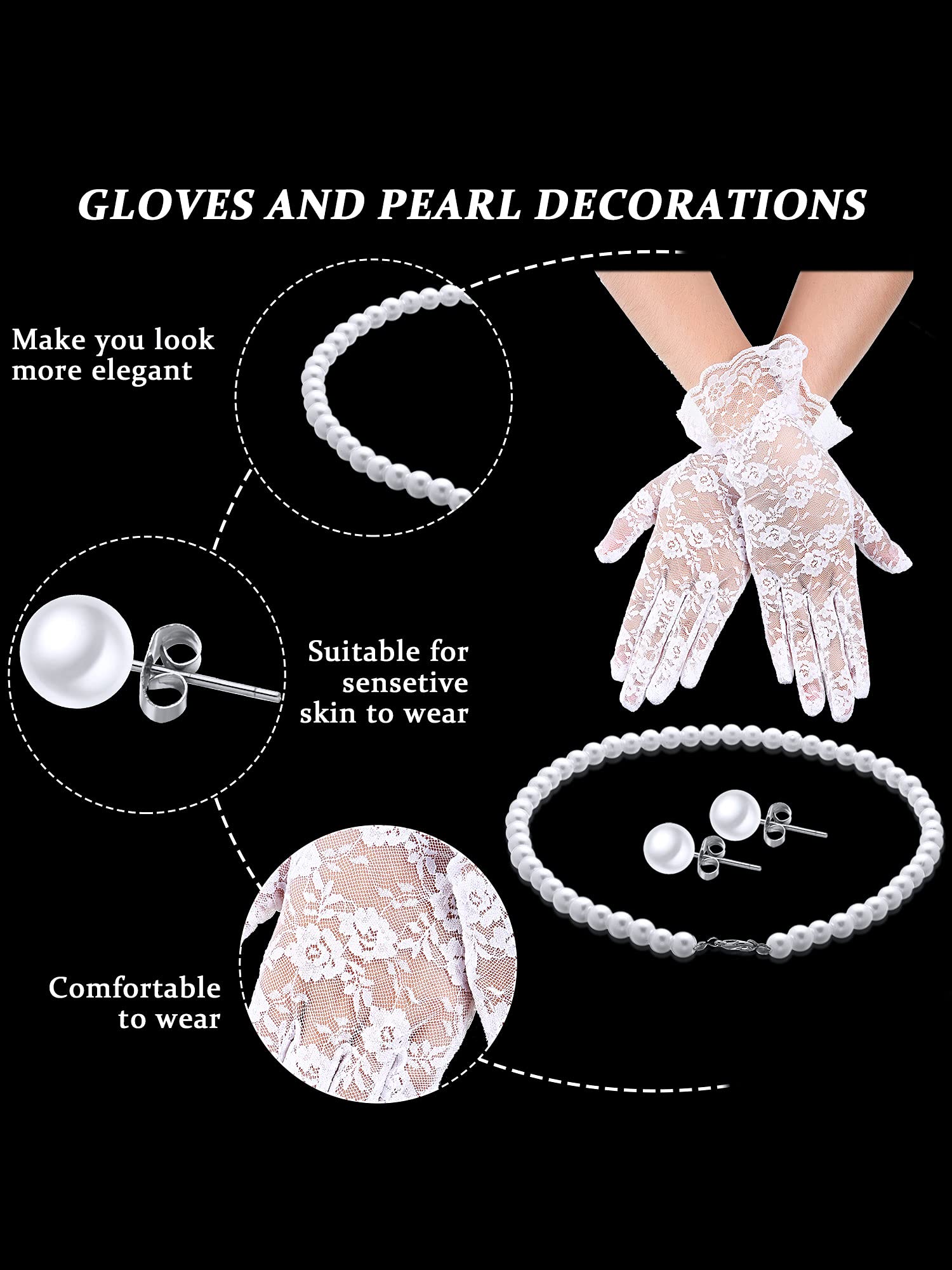 4 Pcs 50s Fascinators Hat for Women Tea Party with Short Lace Gloves Pearl Necklace Earrings for Wedding Halloween Funeral(White)