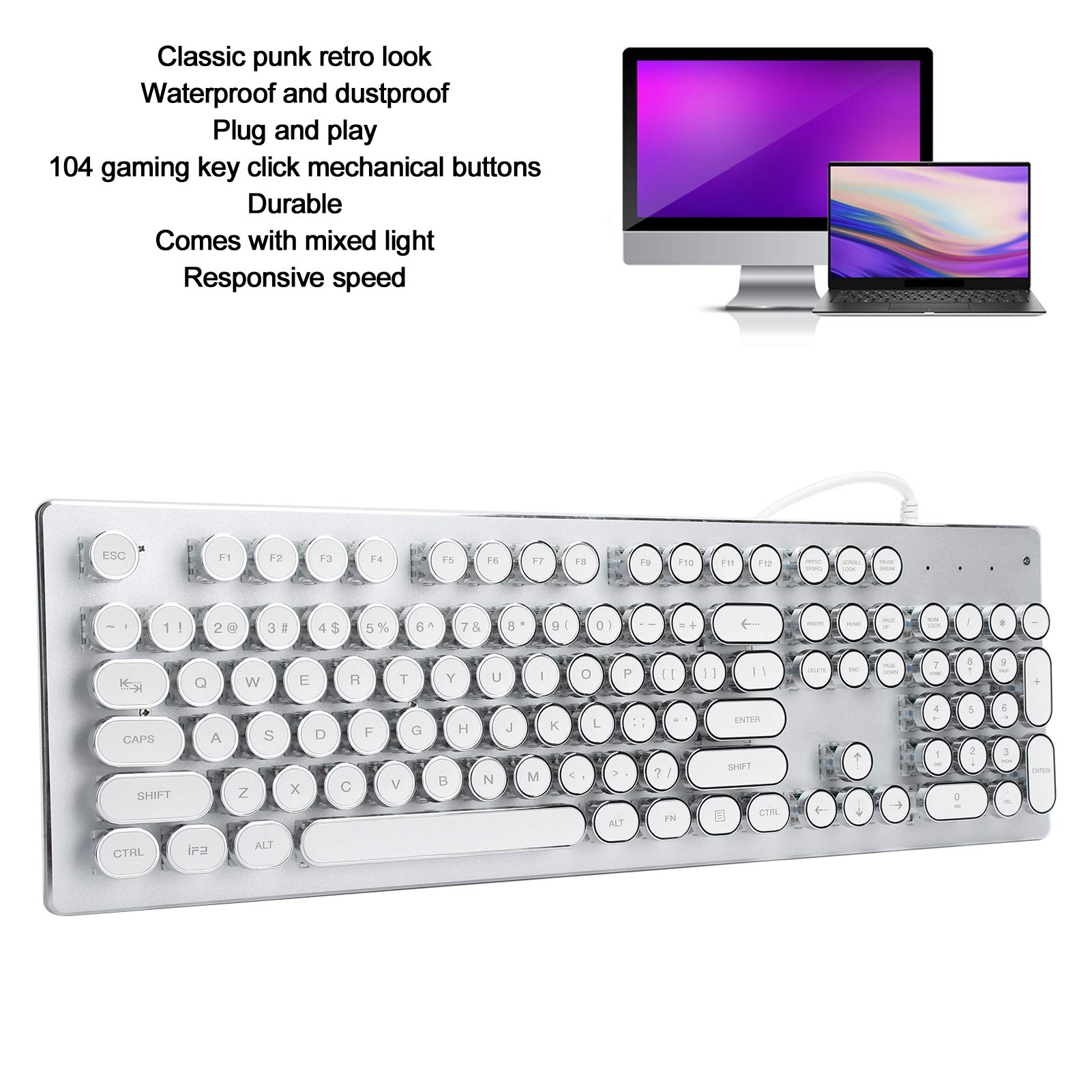 Computer Gaming Keyboard Retro Wired Gaming Mechanical Keyboard Key Portable Keyboard Click with 104 Keys Mixed Light Ergonomic Design Gaming Keyboard(White)