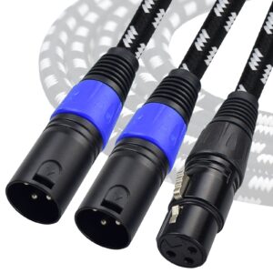 mugteeve xlr y splitter 1 female to 2 male, 5 feet microphone xlr breakout cable balanced left and right dual male to single female, nylon braided heavy duty, noise free, for mixer/speaker/mic