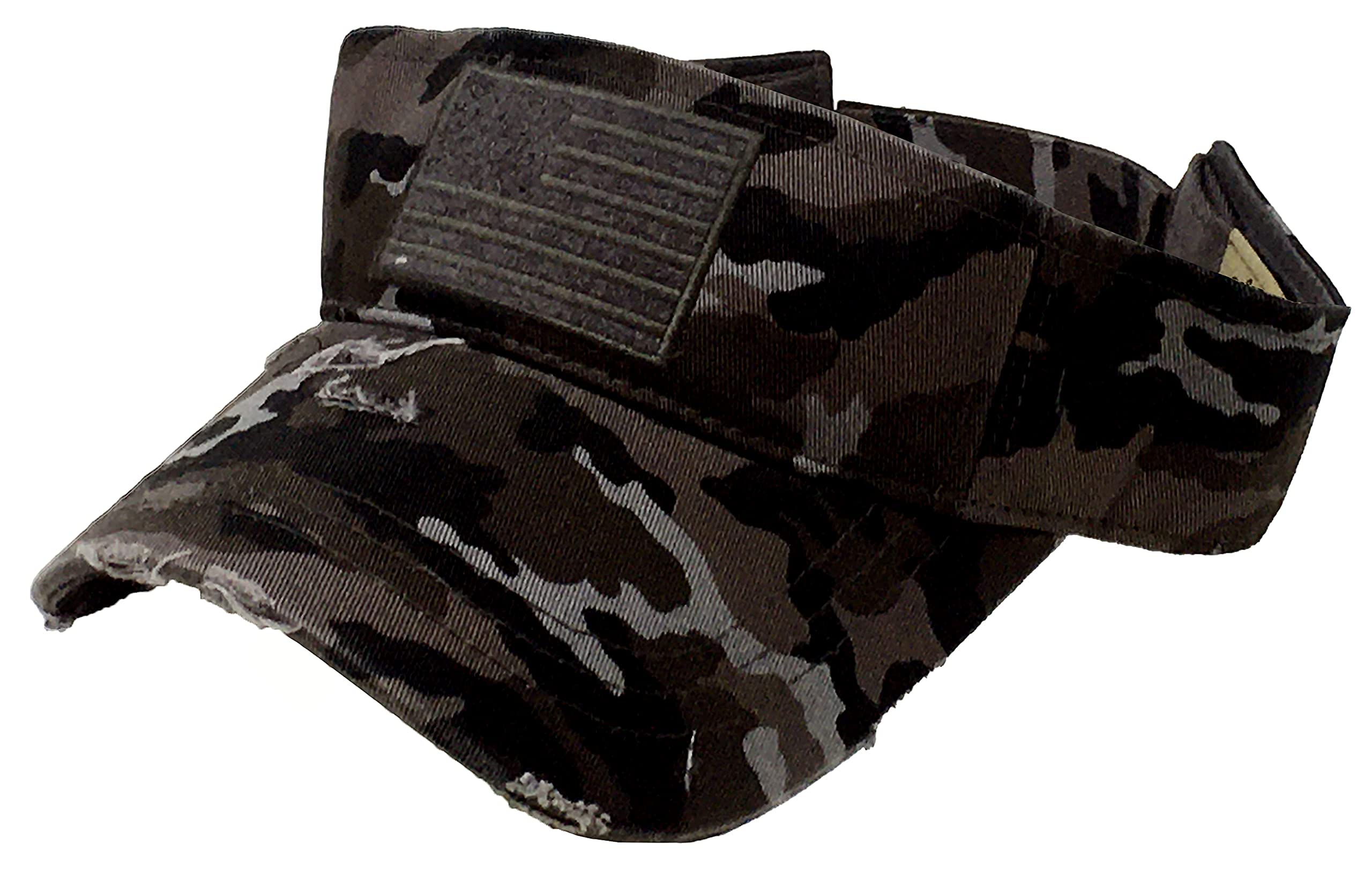 Vintage Distressed Visor Hat: American Flag - Black Camo