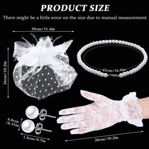 4 Pcs 50s Fascinators Hat for Women Tea Party with Short Lace Gloves Pearl Necklace Earrings for Wedding Halloween Funeral(White)