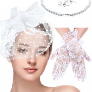 4 Pcs 50s Fascinators Hat for Women Tea Party with Short Lace Gloves Pearl Necklace Earrings for Wedding Halloween Funeral(White)