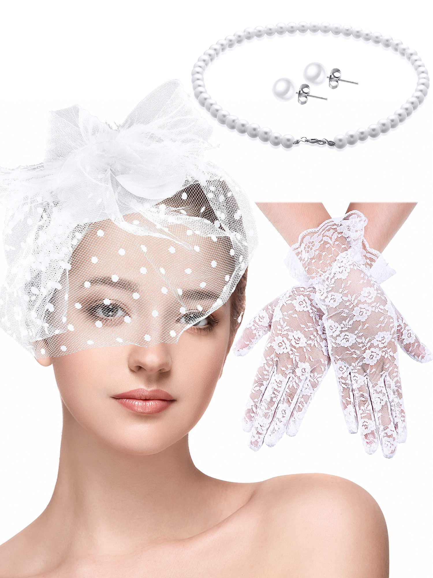 4 Pcs 50s Fascinators Hat for Women Tea Party with Short Lace Gloves Pearl Necklace Earrings for Wedding Halloween Funeral(White)