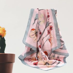 CHLINS 27 Inches Silk Feeling Square Head Scarf - 4 Pcs Satin Square Head Scarves for Women Hair Bandanas Head Kerchief Sleeping Wrap Neckerchief(Floral(White+Yellow+Black+Pink))