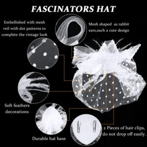 4 Pcs 50s Fascinators Hat for Women Tea Party with Short Lace Gloves Pearl Necklace Earrings for Wedding Halloween Funeral(White)