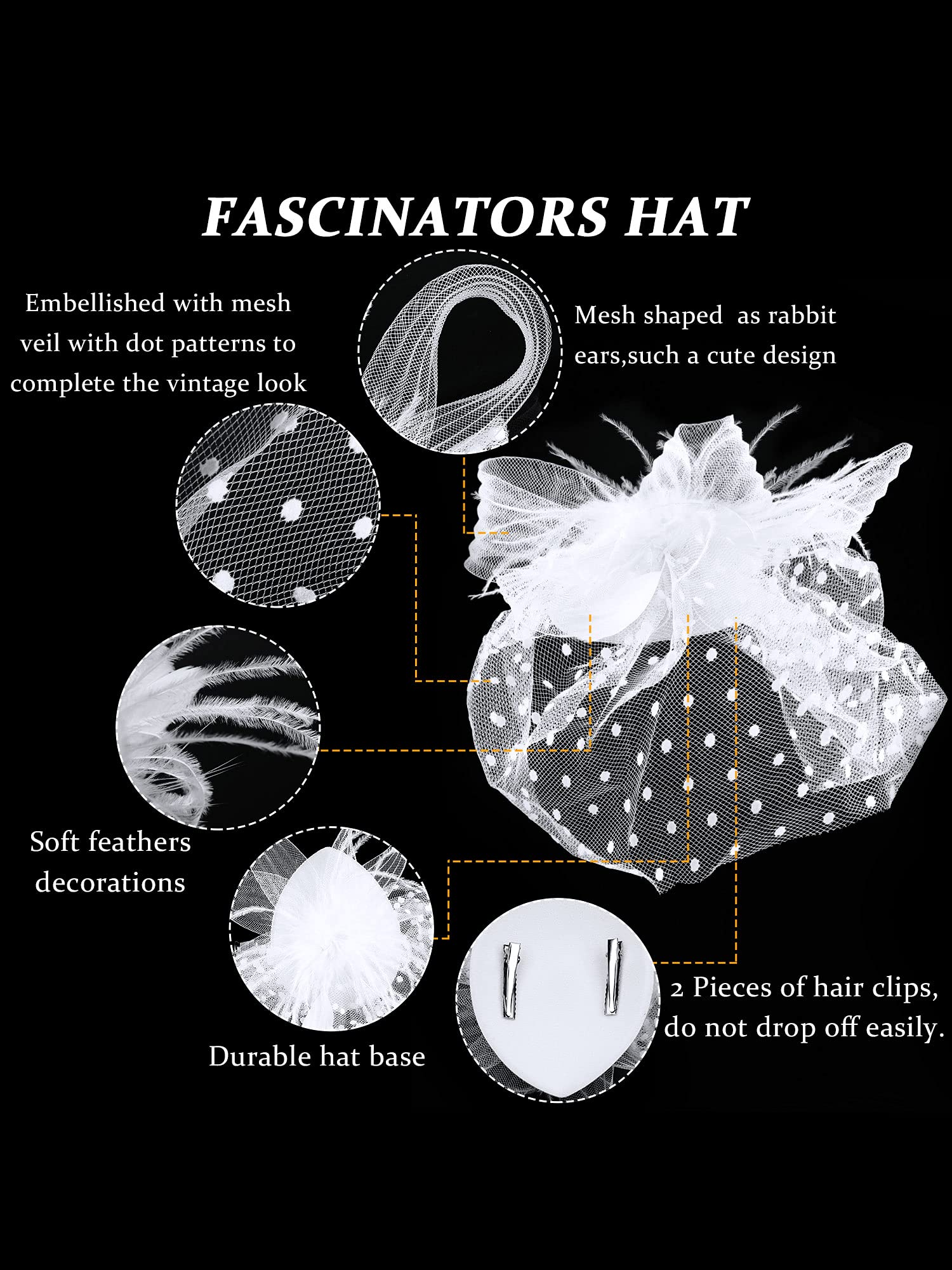 4 Pcs 50s Fascinators Hat for Women Tea Party with Short Lace Gloves Pearl Necklace Earrings for Wedding Halloween Funeral(White)