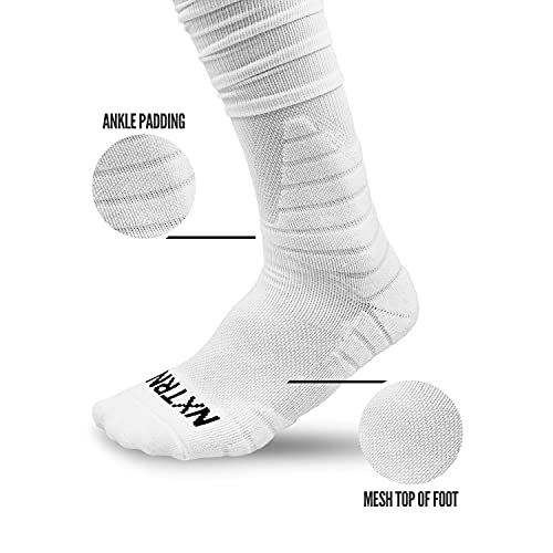 Nxtrnd XTD Scrunch Football Socks, Extra Long Padded Sport Socks for Men & Boys (White, S/M)