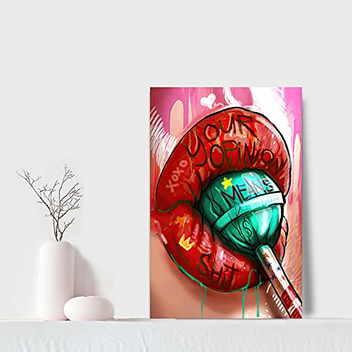 MAMAGO Canvas Wall Art Graffiti Painting Colorful Beautiful Girl Red Lips Pictures Modern Abstract Street Pop Art Posters Decorations for Living Room Framed Ready to Hang - 11.5"W x 15"H