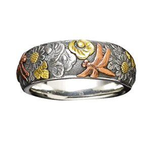 ABJFJE Retro Sunflower Dragonfly Rings Boho Daisy Flower Carved Ring Anniversary Band Ring Eternity Jewelry for Women Gift