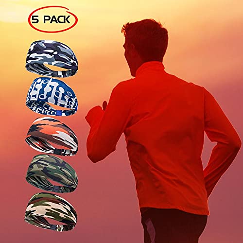 5 Pcs Workout Headbands for Men Elastic Non Slip Sweatbands for Yoga Running Fitness Wicking Hairbands fits All Men and Women Girls