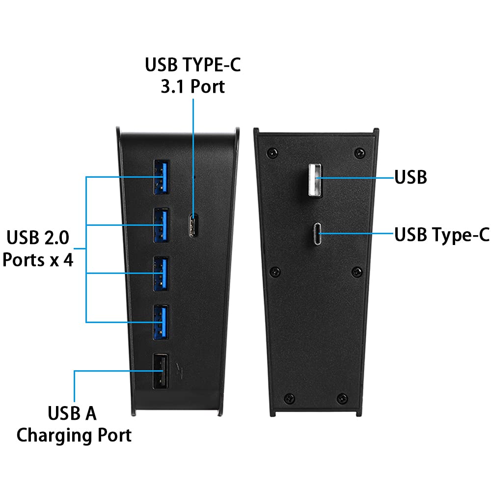 USB Port Hub for PS5, 5 Port USB Extender High-Speed Transmission Expansion Adapter Converter Splitter with 4 USB 2.0 Port+1 USB Charging Port+1 Type C 3.1 Port for Playstation 5 Gaming Console-Black