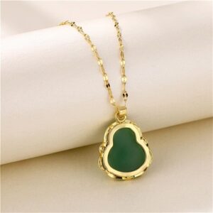 Smiling Laughing Buddha Pendant Green Jade Buddha Necklace Gold Color Link Chain Iced Out Bling Crystal Guanyin Amulet Necklace for Women Mom Jewelry-green