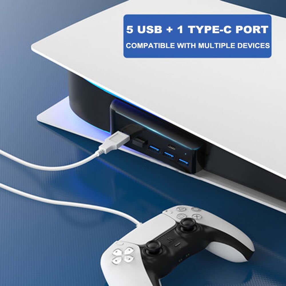 USB Port Hub for PS5, 5 Port USB Extender High-Speed Transmission Expansion Adapter Converter Splitter with 4 USB 2.0 Port+1 USB Charging Port+1 Type C 3.1 Port for Playstation 5 Gaming Console-Black