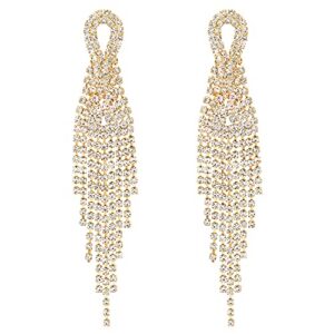 sparkling bridal wedding prom rhinestone tassel long dangle drop large gold color statement earrings