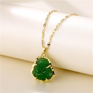 Smiling Laughing Buddha Pendant Green Jade Buddha Necklace Gold Color Link Chain Iced Out Bling Crystal Guanyin Amulet Necklace for Women Mom Jewelry-green