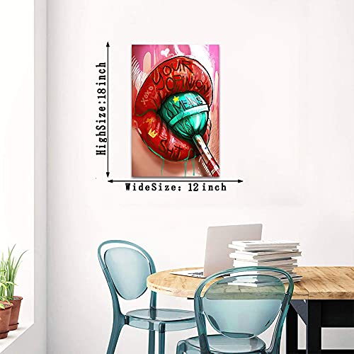 MAMAGO Canvas Wall Art Graffiti Painting Colorful Beautiful Girl Red Lips Pictures Modern Abstract Street Pop Art Posters Decorations for Living Room Framed Ready to Hang - 11.5"W x 15"H