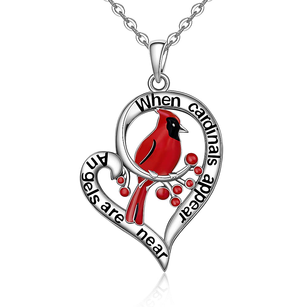 Cardinal Necklace Heart Red Bird Spiritual Memorial Engraved When Cardinal Appear Angels are Near Dainty Inspirational 925 Sterling Silver Animal Necklaces for Loss of Loved Heart