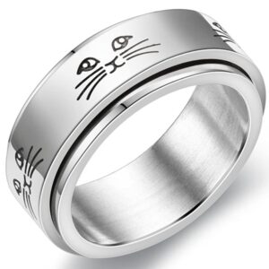 jude jewelers stainless steel cute cat spinning rotating cocktail party birthday band ring (silver, 7)