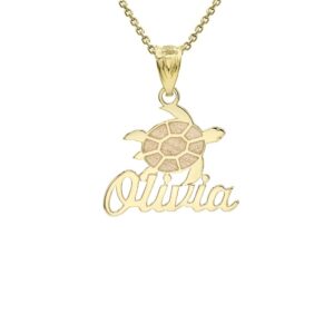 certified 14k gold engravable personalized name good luck sea turtle pendant necklace, 22"