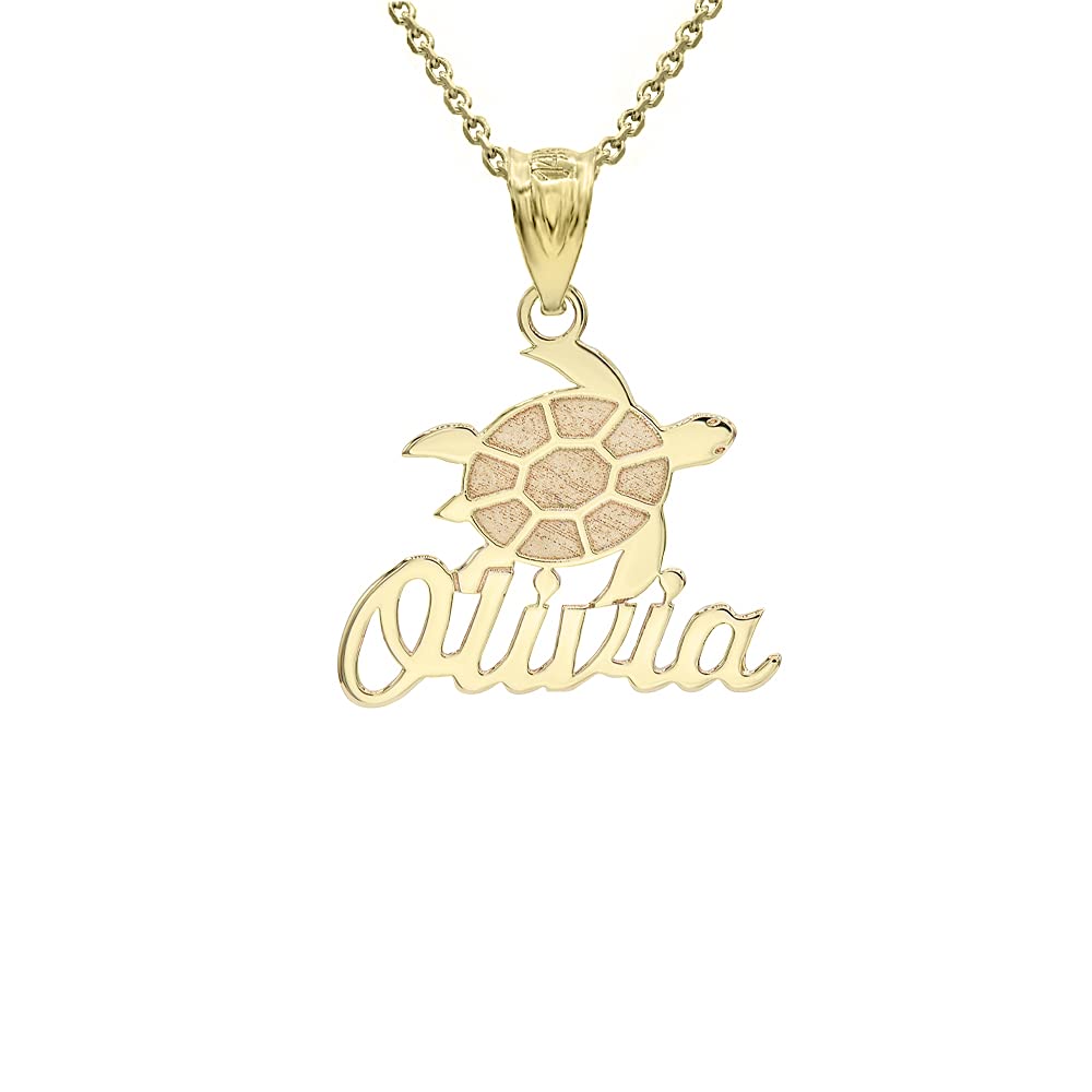 Certified 14k Gold Engravable Personalized Name Good Luck Sea Turtle Pendant Necklace, 22"