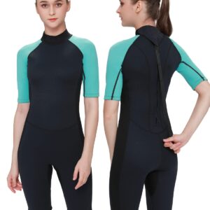 FLEXEL Wetsuit Shorty Women, 2mm Neoprene Short Sleeve Diving Suit Back Zip Keep Warm 1.5mm Female Shorties Wet Suits for Snorkeling Surfing Paddle Boarding (Blue 2mm, Large)