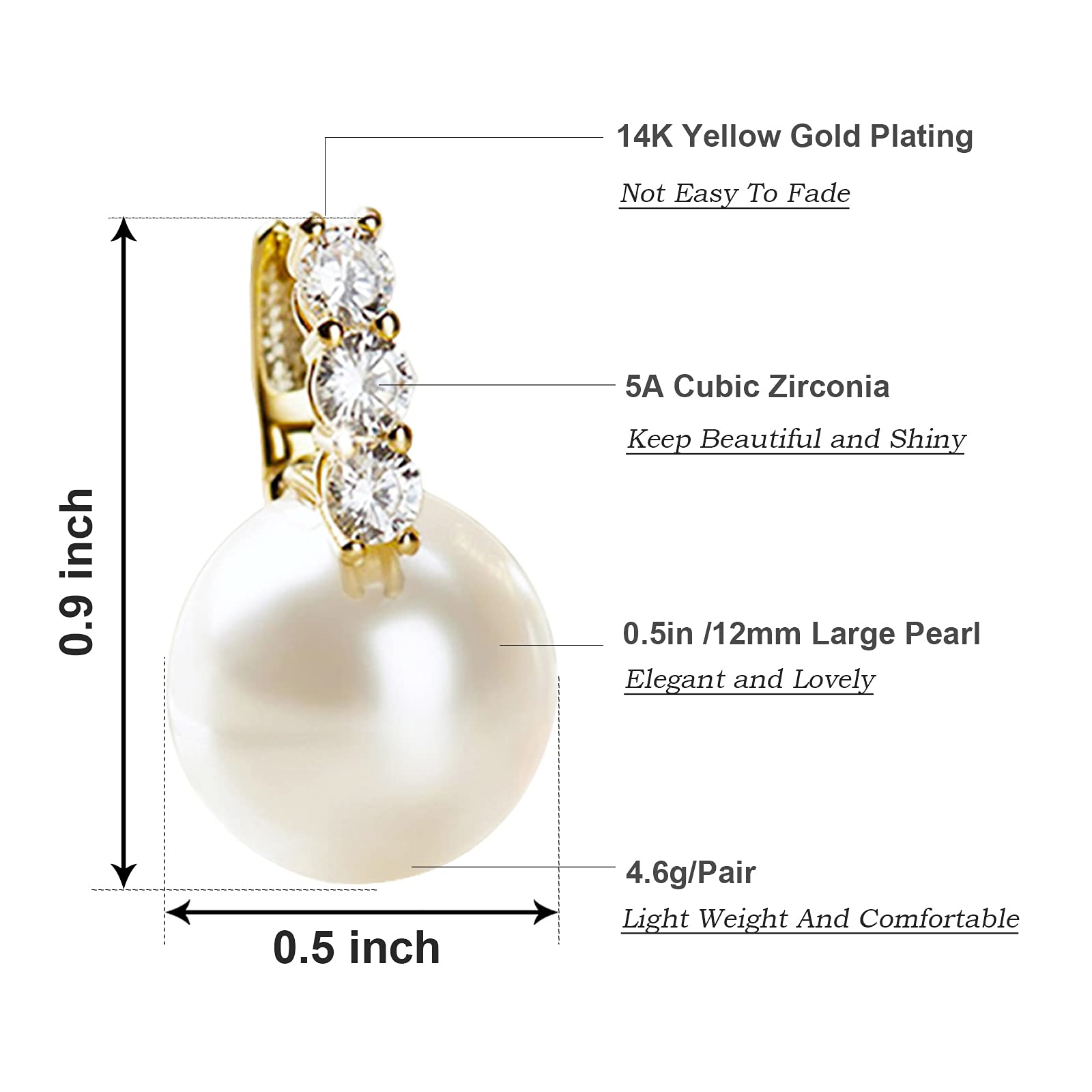 Pearl Earrings for Women 14K Gold Plated Hypoallergenic Pearl Earrings 5A Cubic Zirconia Dangle Earrings Elegant Jewelry (1-Gold)