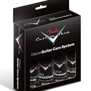 Fender Guitar Super Care Kit Bundle with Speed Stick String Cleaner, Custom Shop Deluxe Guitar Care System 4 Pack, Super-Soft Dual-Sided Microfiber Cloth, and Fender Factory Microfiber Cloth