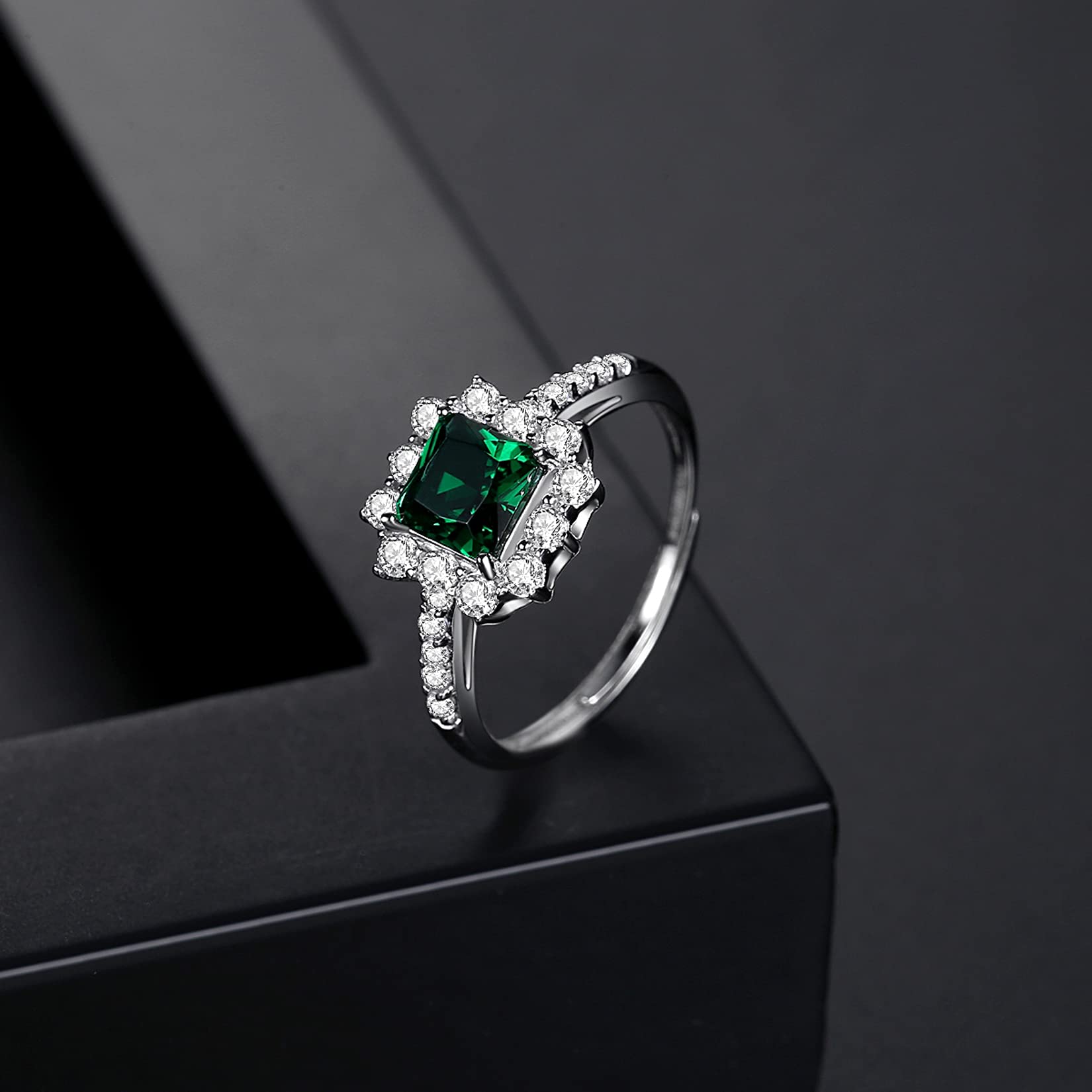 VIKI LYNN 925 Sterling Silver Synthetic Emerald Halo Wedding Engagement Band Ring for Women