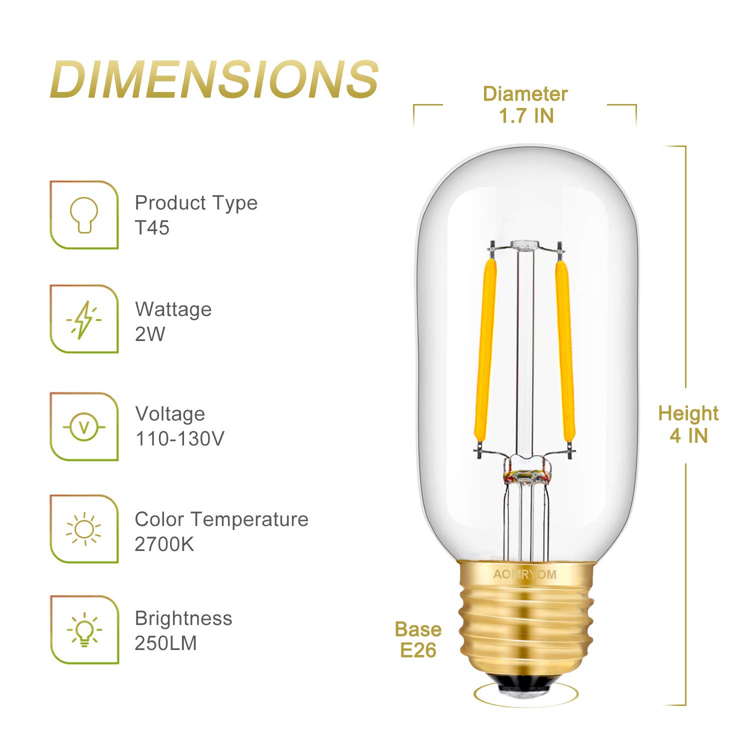 AOMRYOM 2W LED Tubular Bulb 2700K Soft White, 25 Watt Equivalent 250 Lumen, E26 Medium Base, Vintage Edison T45 Tubular Clear Glass Lengthened Filament Dimmable LED Light Bulbs, Pack of 8