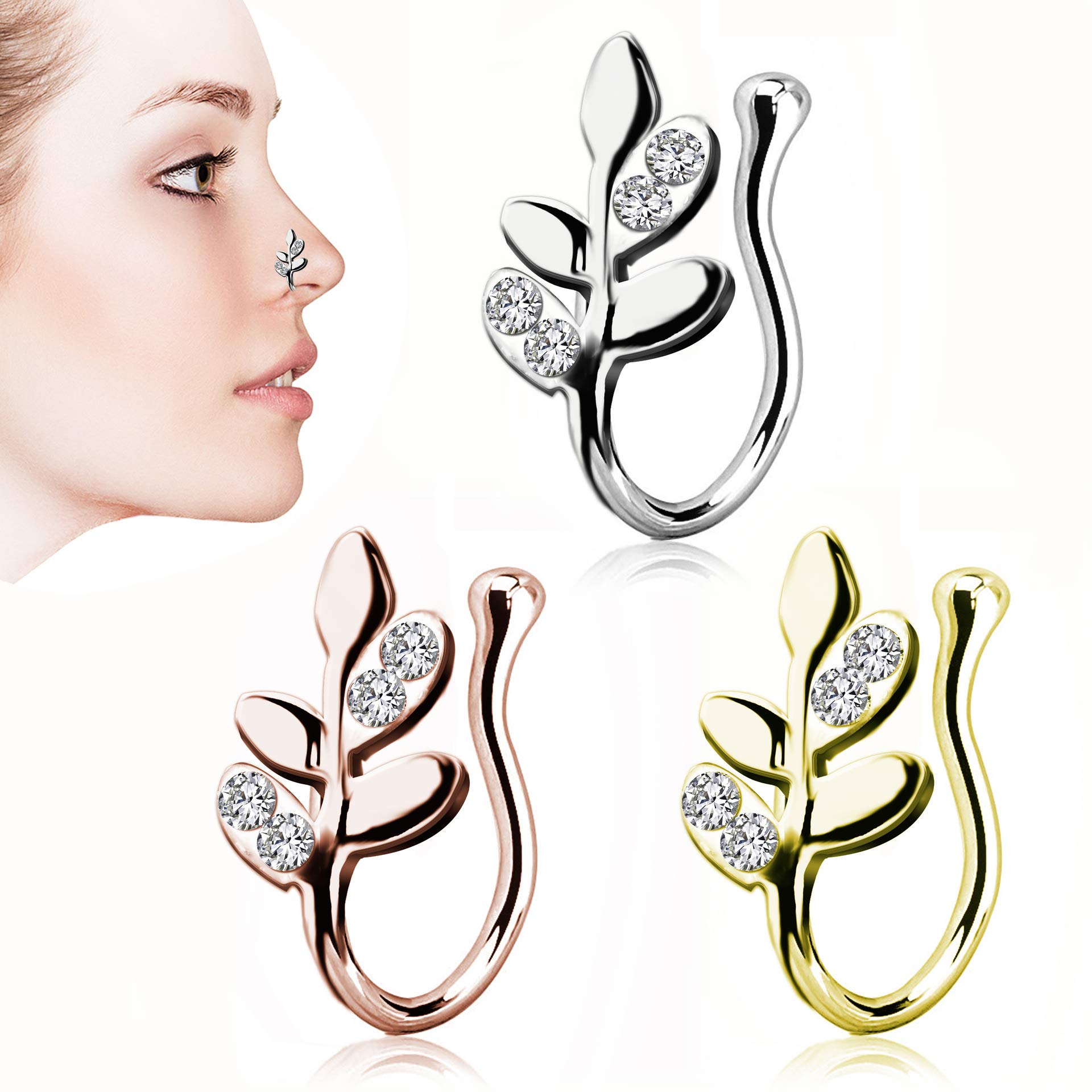 6Pcs Fake Nose Rings, Non-Piercing Clip-On Nose Rings, Glittering Crystal Inlaid Nose Ring, Lovely Heart Shape Star Flower Leaf Charms Stainless Steel Adjustable Body Jewelry Women Girls-gold