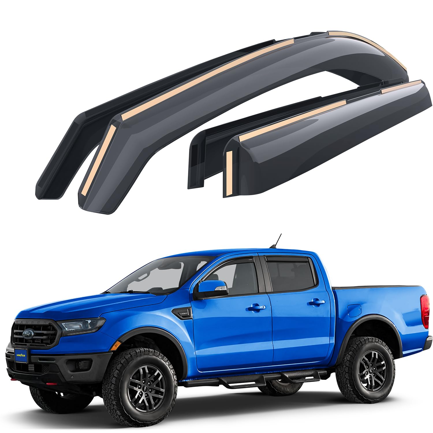 Goodyear Shatterproof in-Channel Window Deflectors for Ford Ranger 2019-2023 SuperCrew, Rain Guards, Window Visors for Cars, Vent Deflector, Car Accessories, 4 pcs - GY003449LP