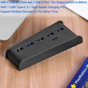 USB Port Hub for PS5, 5 Port USB Extender High-Speed Transmission Expansion Adapter Converter Splitter with 4 USB 2.0 Port+1 USB Charging Port+1 Type C 3.1 Port for Playstation 5 Gaming Console-Black