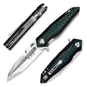 NEWOOTZ folding pocket knife with 4in d2 tool steel blade,liner lock g10 handle,edc camping hunting knives with clip for men and women (green)