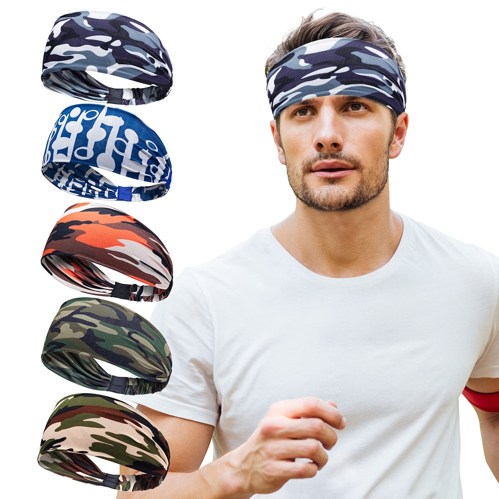 5 Pcs Workout Headbands for Men Elastic Non Slip Sweatbands for Yoga Running Fitness Wicking Hairbands fits All Men and Women Girls