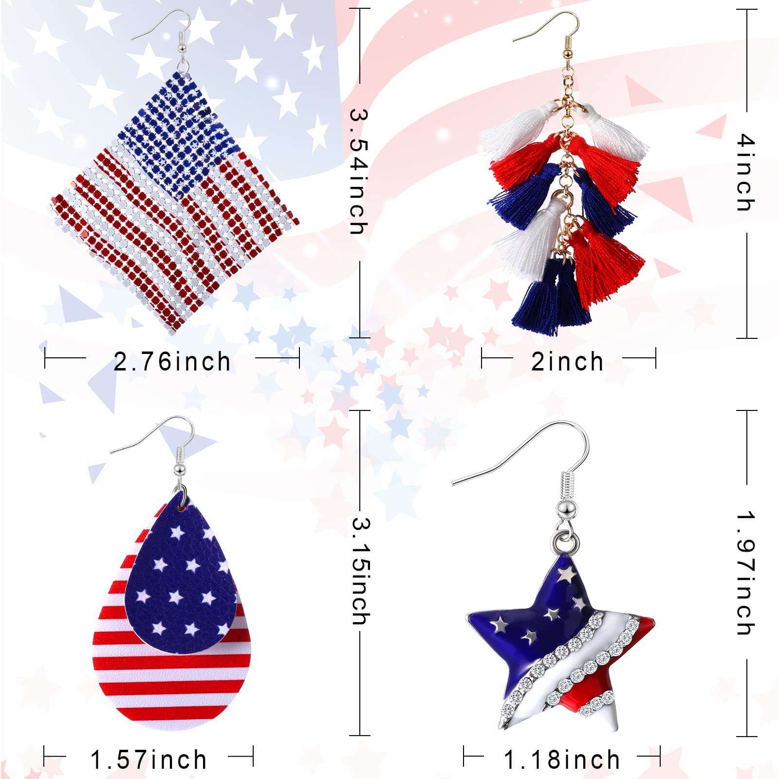 4 Pairs American Flag Drop Dangle Earrings Independence Day Patriotic Earrings 4th of July Pendant Earrings Teardrop Tassel Rhinestone Earrings