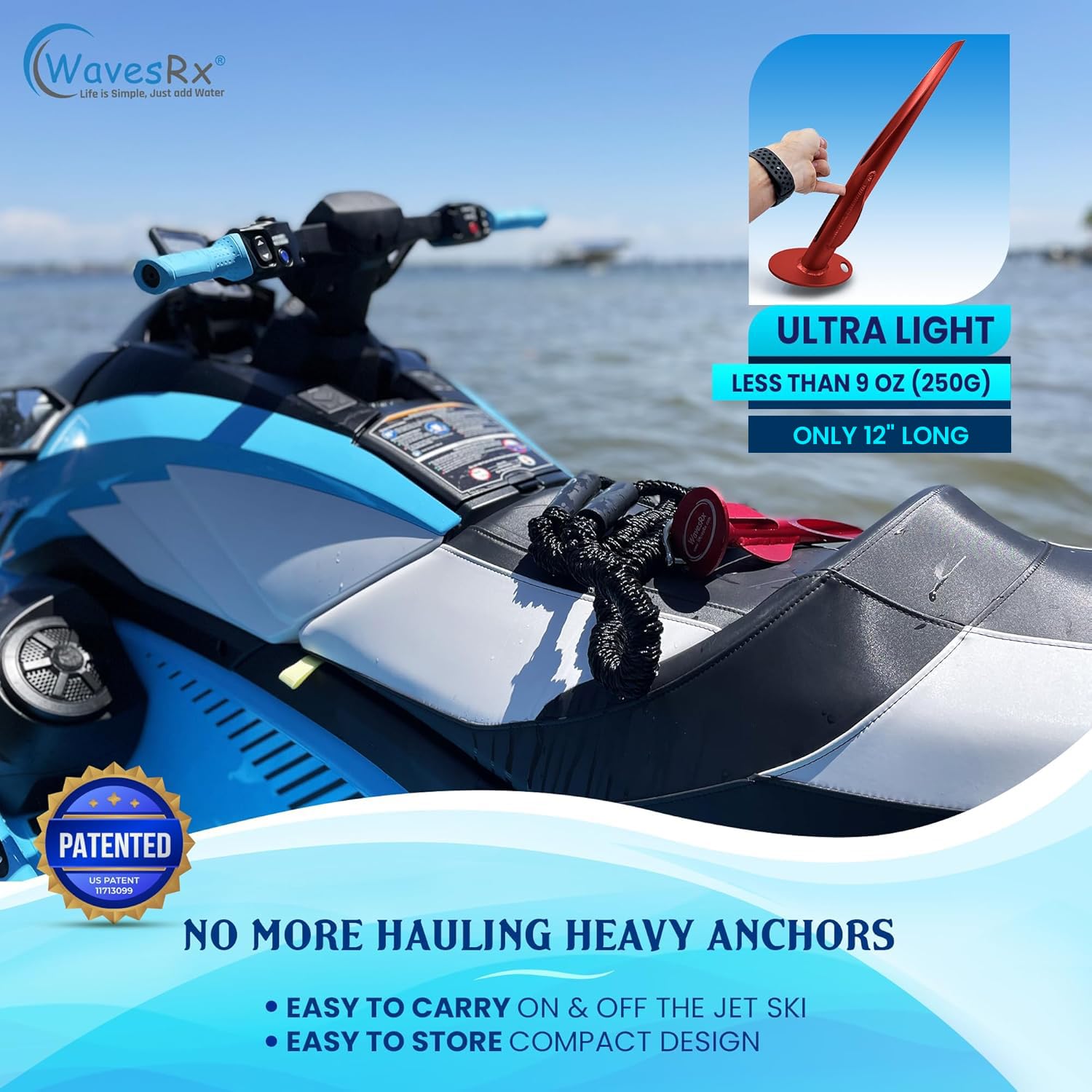 WAVESRX 12" Aluminum Sand Spike Beach Anchor - WaveCobra | Keeps Your Watercraft Securely Anchored Near Shore, Sandbar or in Shallow Water | Ultra Light Patent Pending Design for Jet Ski & Small PWC