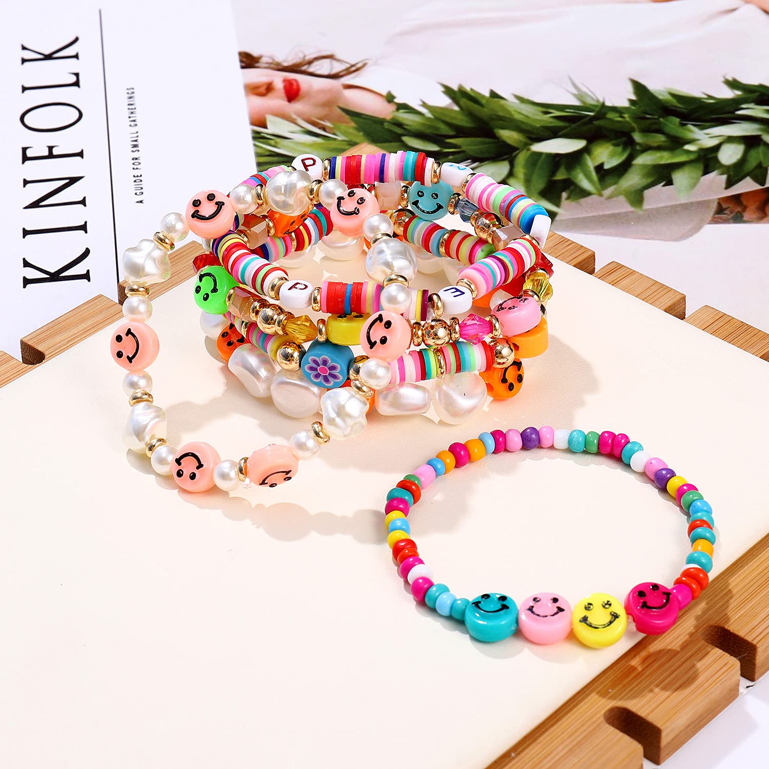 HZEYN Beaded Bracelet Set Stack Colorful Happy Face Pearl Heishi Beaded Stretchy Bracelet Summer Beach Bracelet Jewelry (Colorful-6pcs)