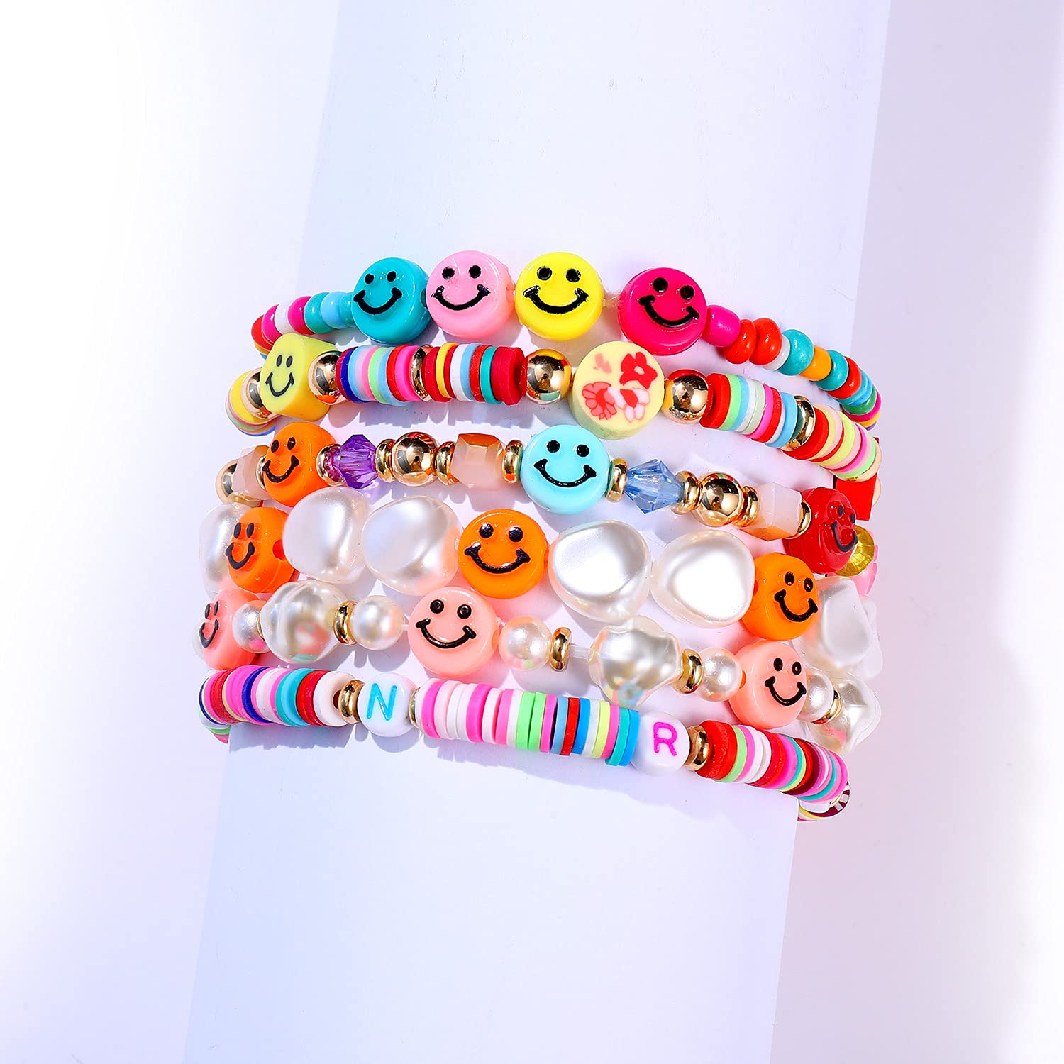 HZEYN Beaded Bracelet Set Stack Colorful Happy Face Pearl Heishi Beaded Stretchy Bracelet Summer Beach Bracelet Jewelry (Colorful-6pcs)