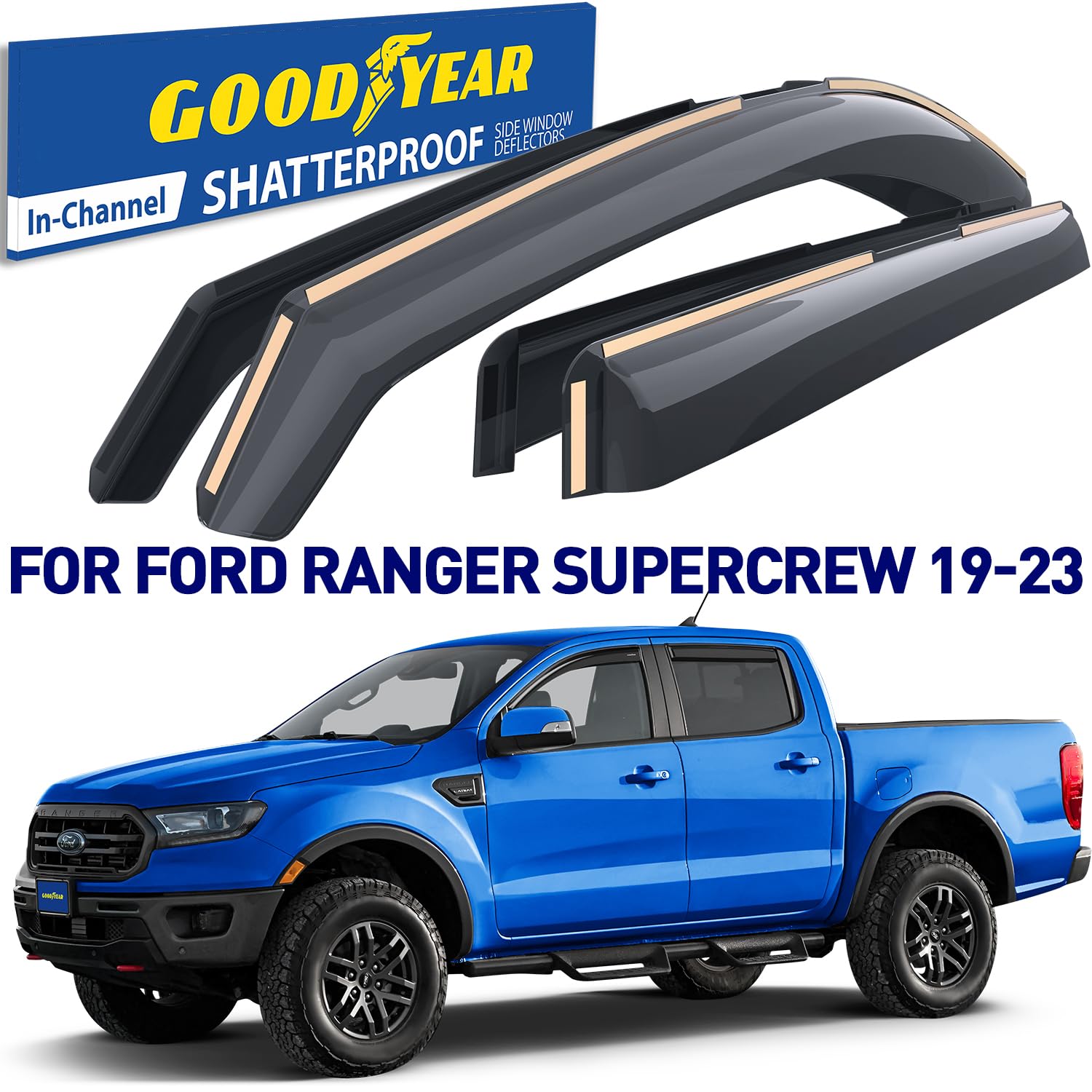 Goodyear Shatterproof in-Channel Window Deflectors for Ford Ranger 2019-2023 SuperCrew, Rain Guards, Window Visors for Cars, Vent Deflector, Car Accessories, 4 pcs - GY003449LP