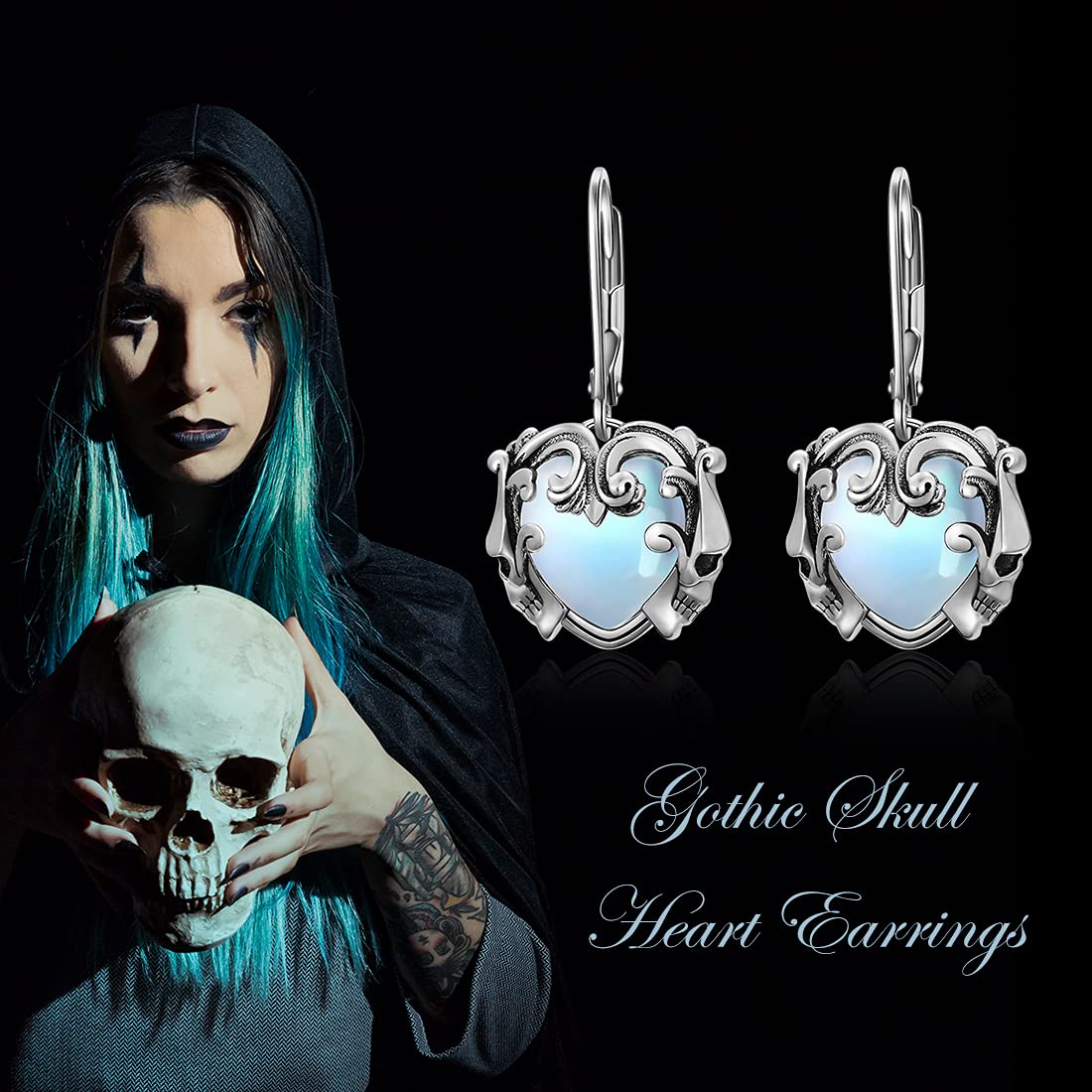 Heart Gothic Skull Head Dangle Earrings for Women S925 Sterling Silver Punk Dangling Earrings with Synthetic Moonstone Halloween Jewelry Gifts